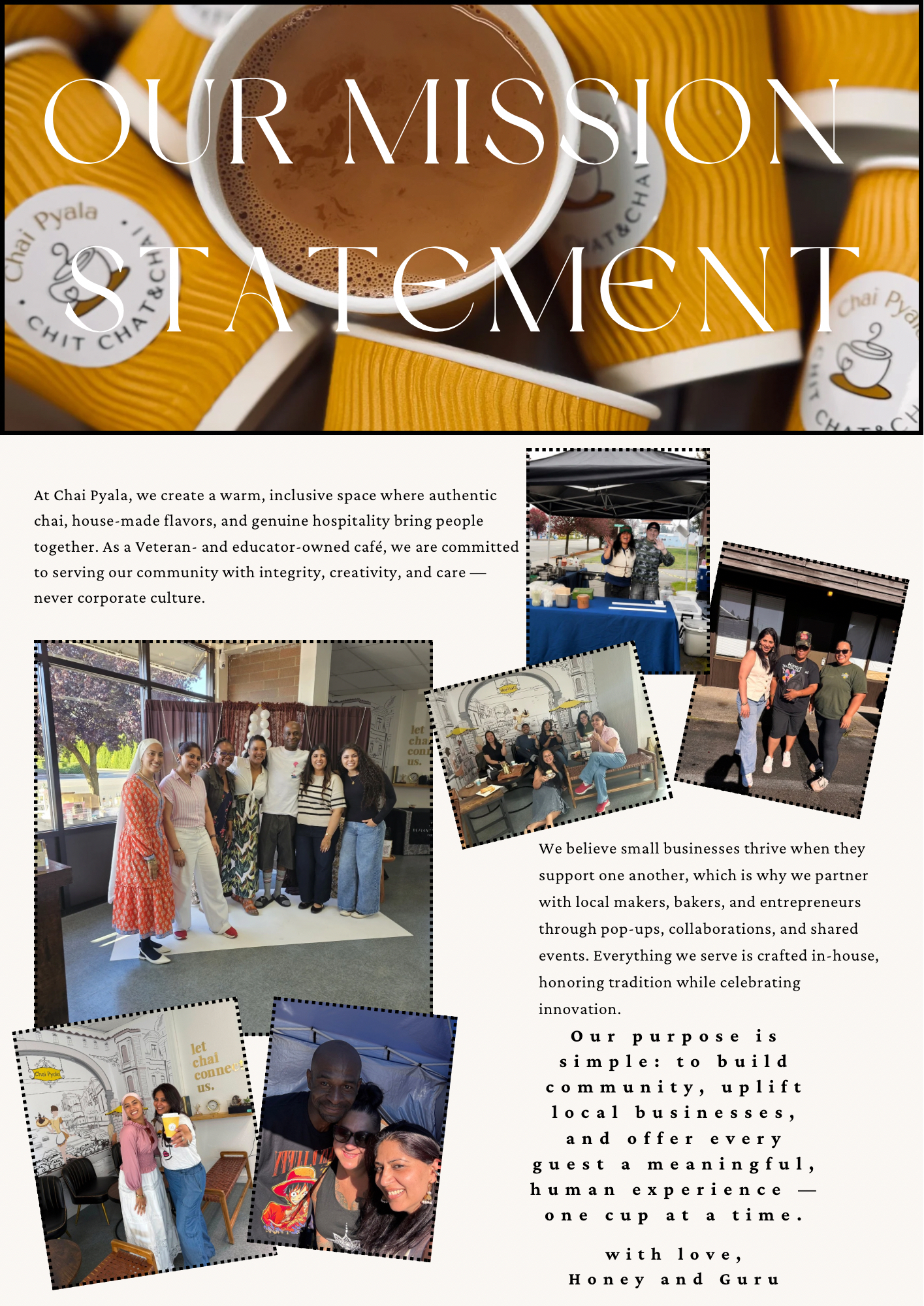 Chai Pyala mission statement, featuring team members, community partners, and local events