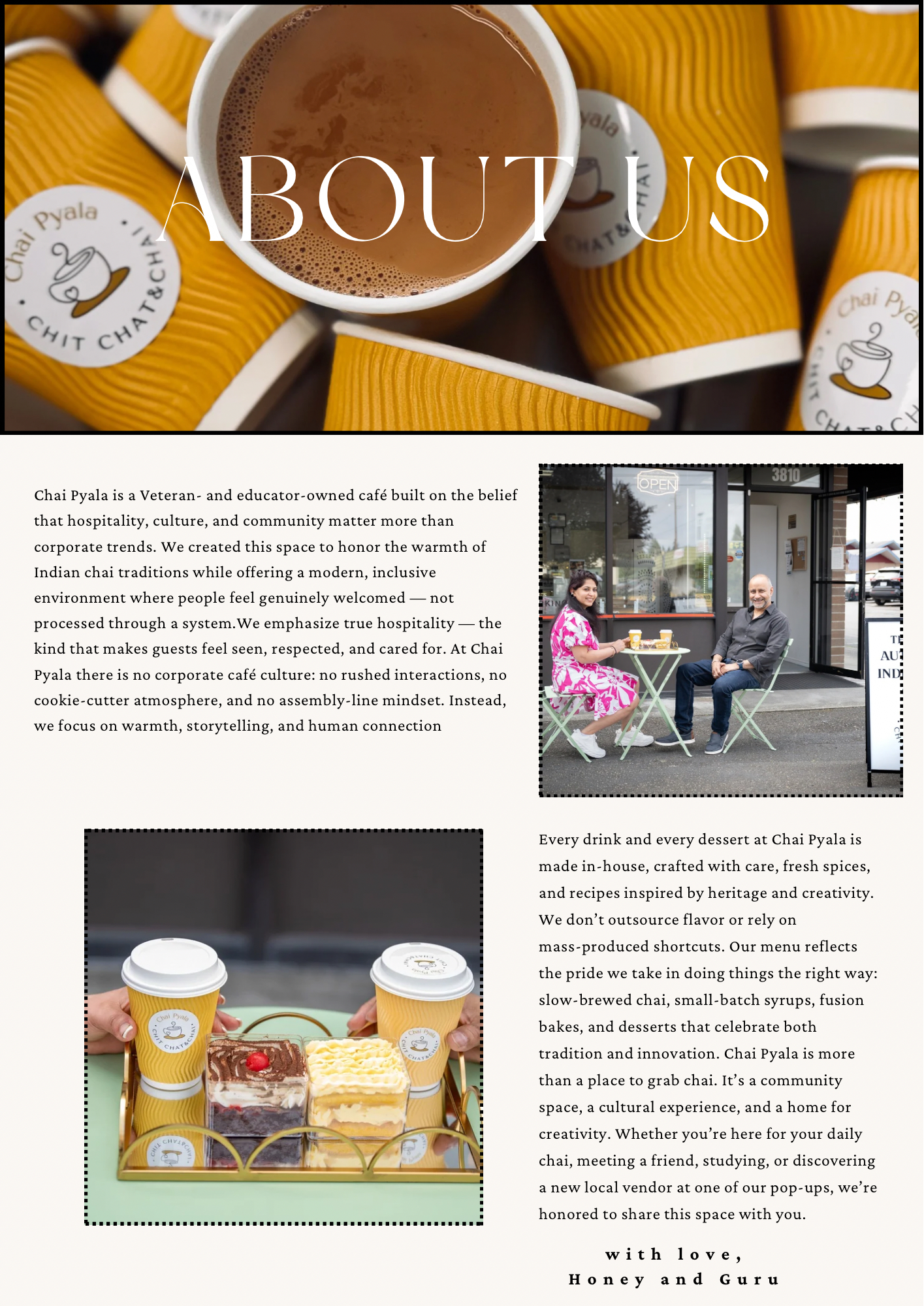 About Chai Pyala, featuring chai, founders Honey and Guru, and house-made desserts